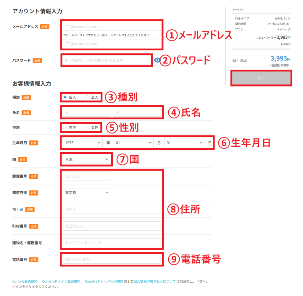 お客様情報の入力